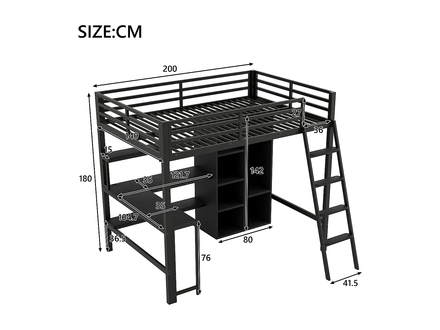 Metalen hoogslaper - 140 x 200 cm - met bureau + opbergruimte + kledingkast + led-verlichting - MDF + metaal - zwart