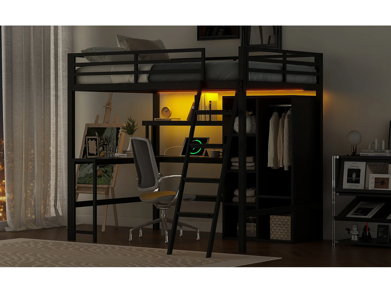 Metalen hoogslaper - 140 x 200 cm - met bureau + opbergruimte + kledingkast + led-verlichting - MDF + metaal - zwart