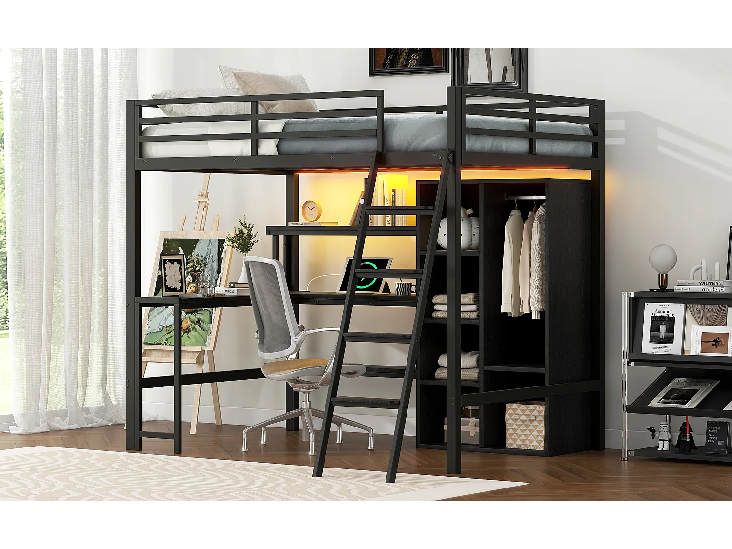 Metalen hoogslaper - 140 x 200 cm - met bureau + opbergruimte + kledingkast + led-verlichting - MDF + metaal - zwart