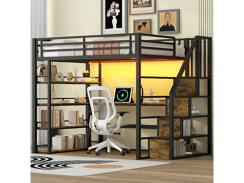 Metall-Hochbett – 140 x 200 cm – mit Stauraumtreppe + Schreibtisch + Regal + LEDs – MDF + Metall – Schwarz