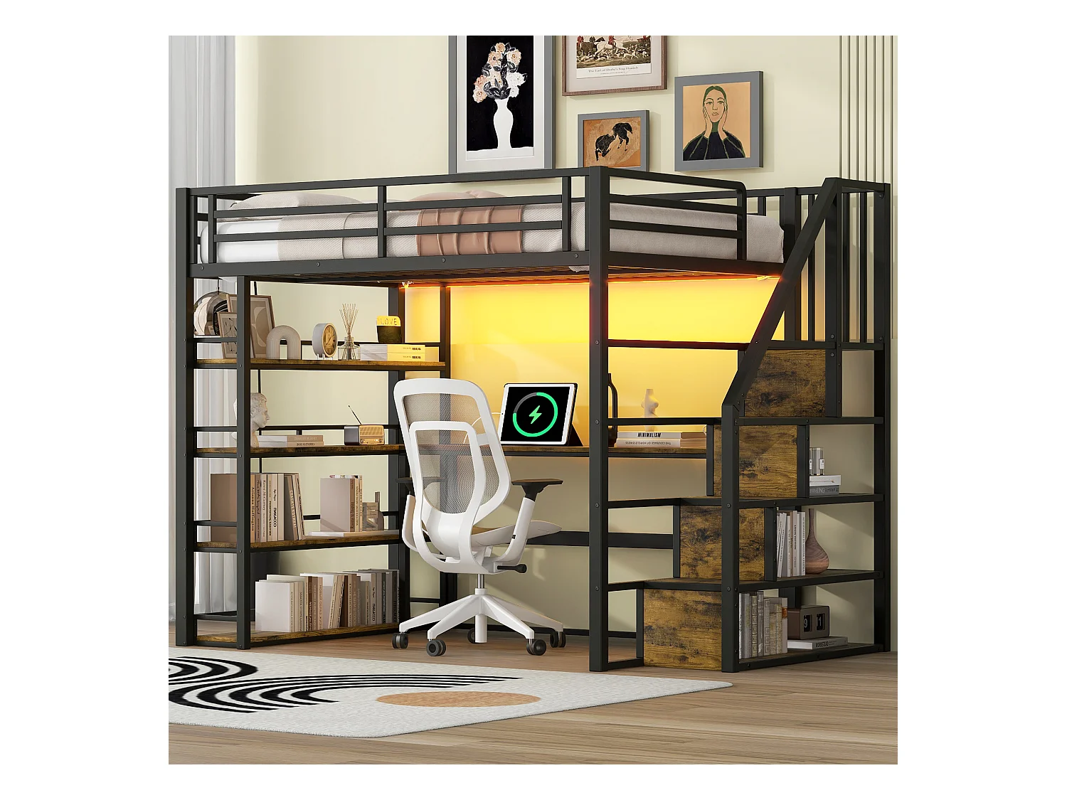 Metall-Hochbett – 140 x 200 cm – mit Stauraumtreppe + Schreibtisch + Regal + LEDs – MDF + Metall – Schwarz