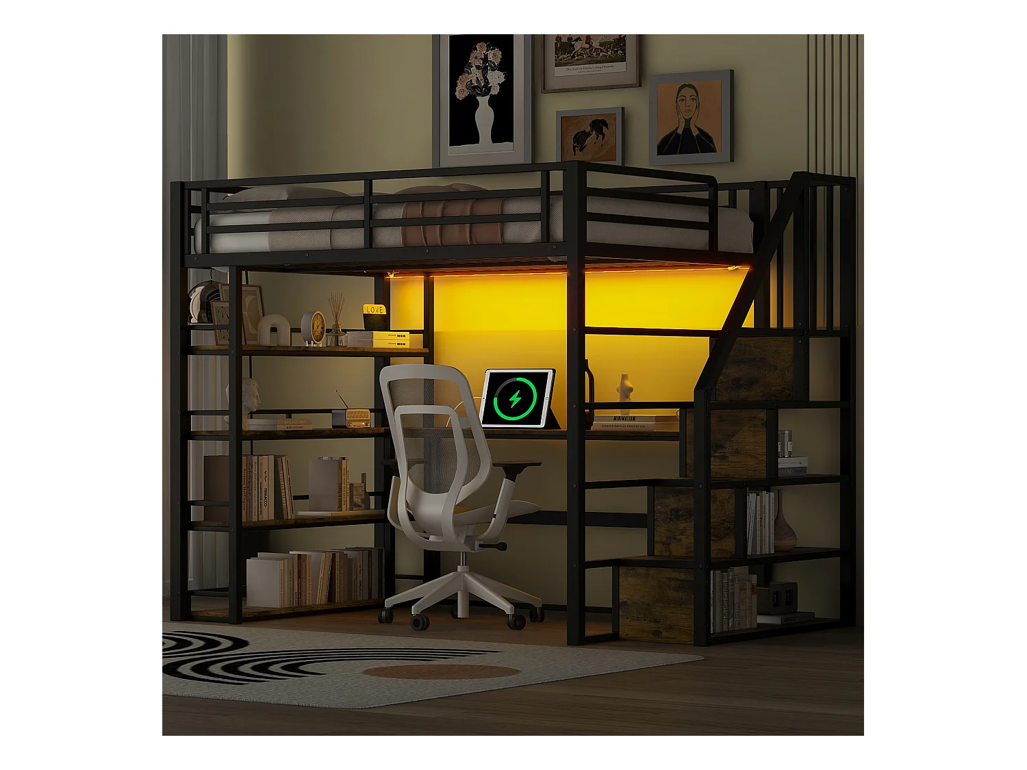 Metall-Hochbett – 140 x 200 cm – mit Stauraumtreppe + Schreibtisch + Regal + LEDs – MDF + Metall – Schwarz