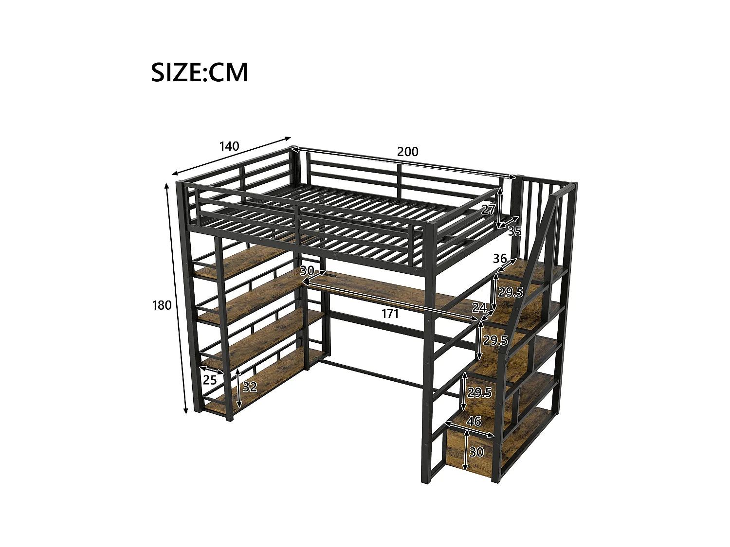 Metall-Hochbett – 140 x 200 cm – mit Stauraumtreppe + Schreibtisch + Regal + LEDs – MDF + Metall – Schwarz