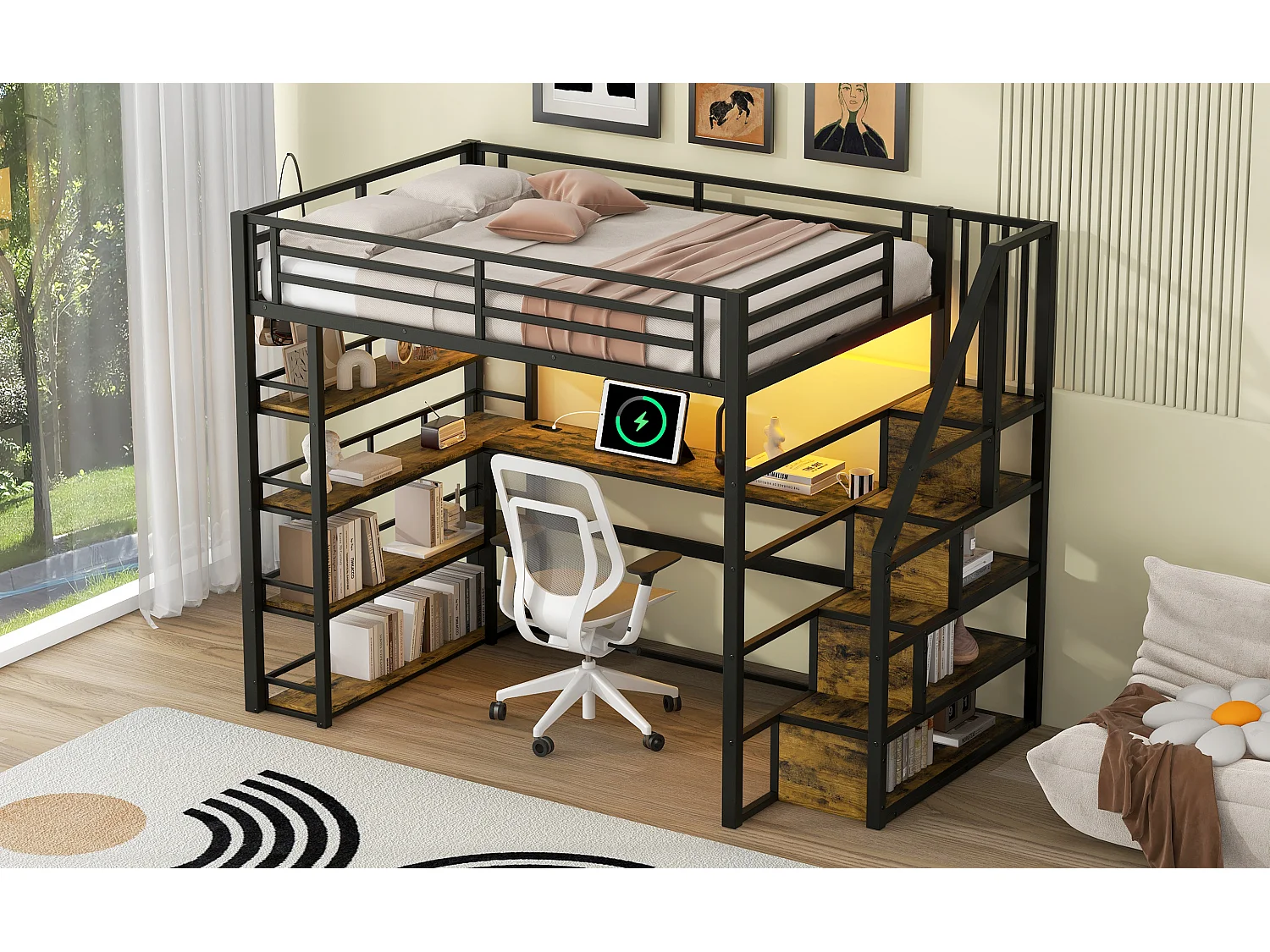 Metall-Hochbett – 140 x 200 cm – mit Stauraumtreppe + Schreibtisch + Regal + LEDs – MDF + Metall – Schwarz