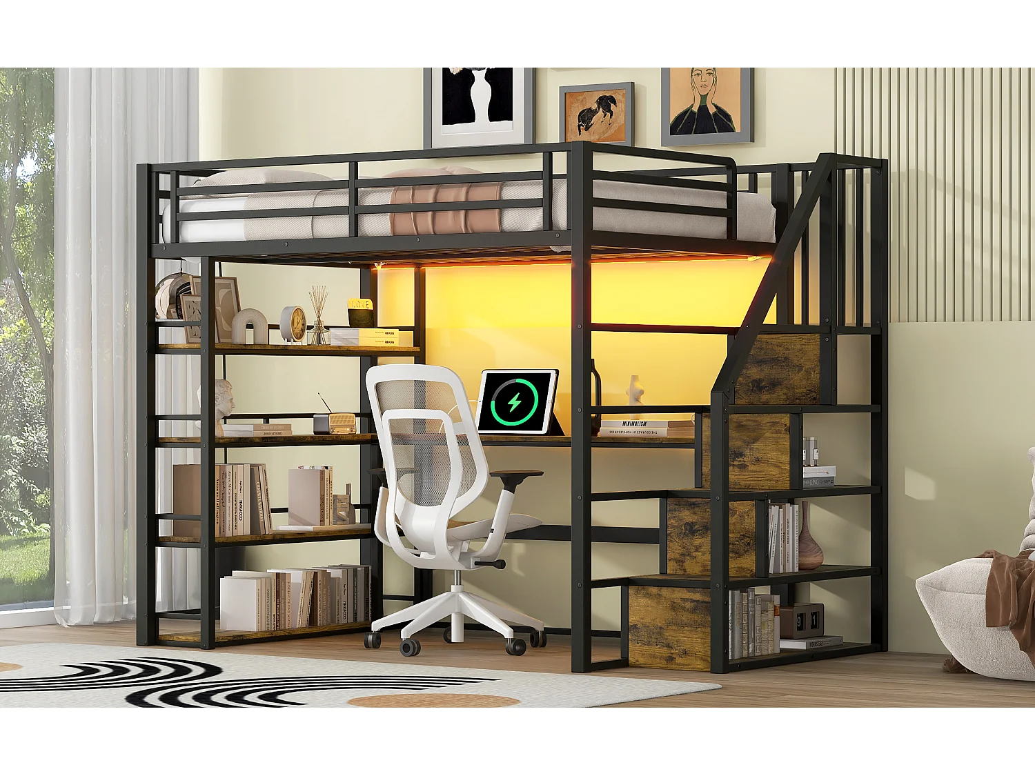 Metall-Hochbett – 140 x 200 cm – mit Stauraumtreppe + Schreibtisch + Regal + LEDs – MDF + Metall – Schwarz