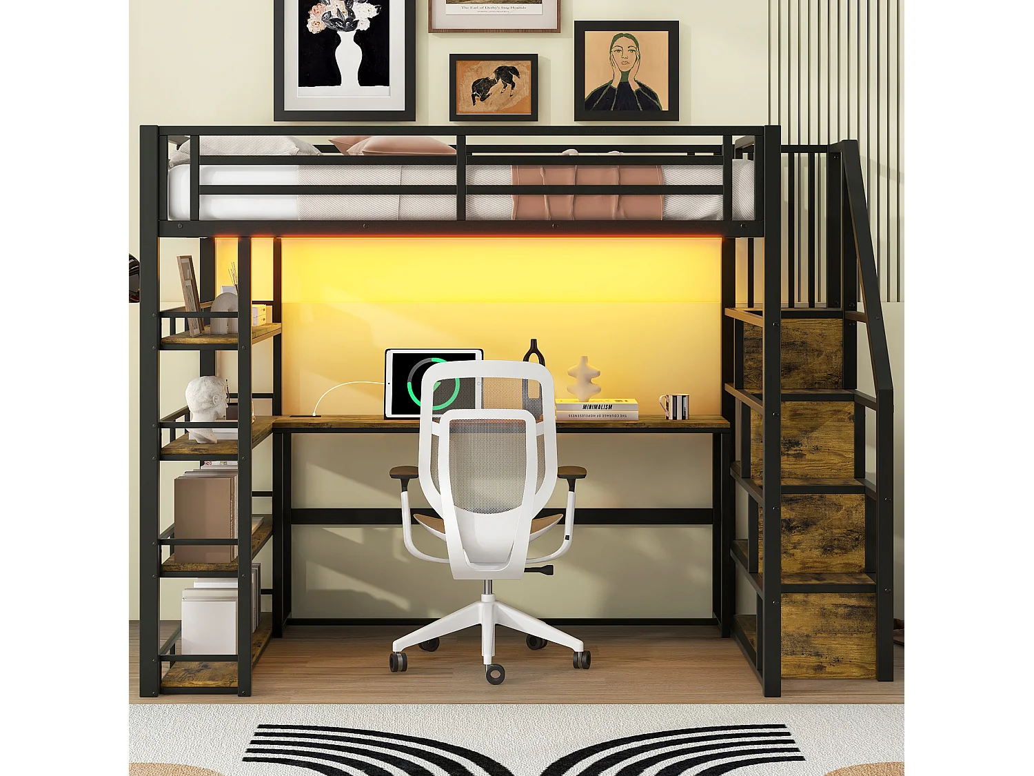 Lit mezzanine en métal - 140 x 200 - avec escalier de rangement + bureau + étagère + Leds - MDF + Métal - noir