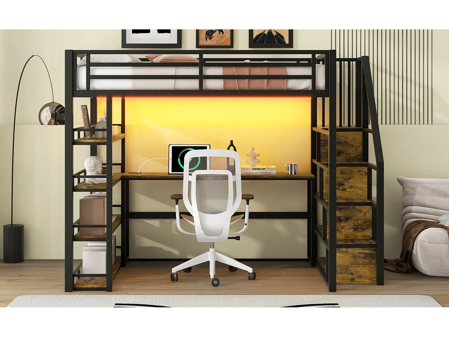 Lit mezzanine en métal - 140 x 200 - avec escalier de rangement + bureau + étagère + Leds - MDF + Métal - noir