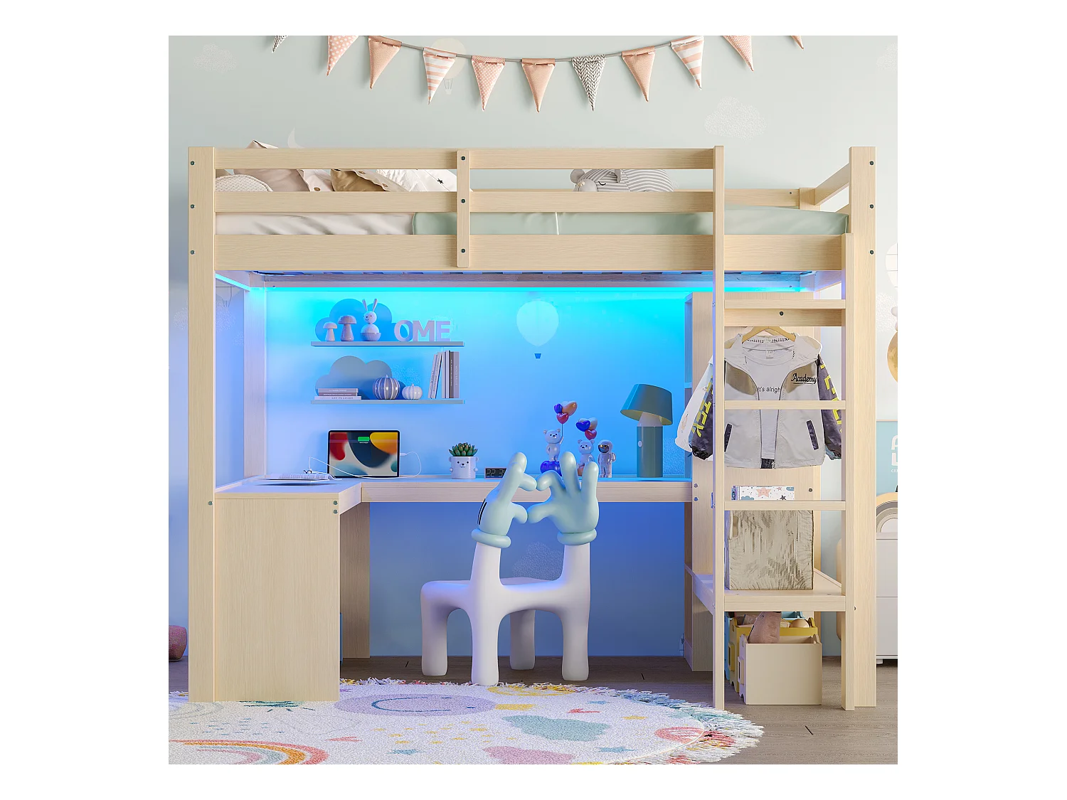 Lit mezzanine pour enfant - 140 x 200 cm - avec étagères + bureau + Leds + USB - bois + MDF - naturel