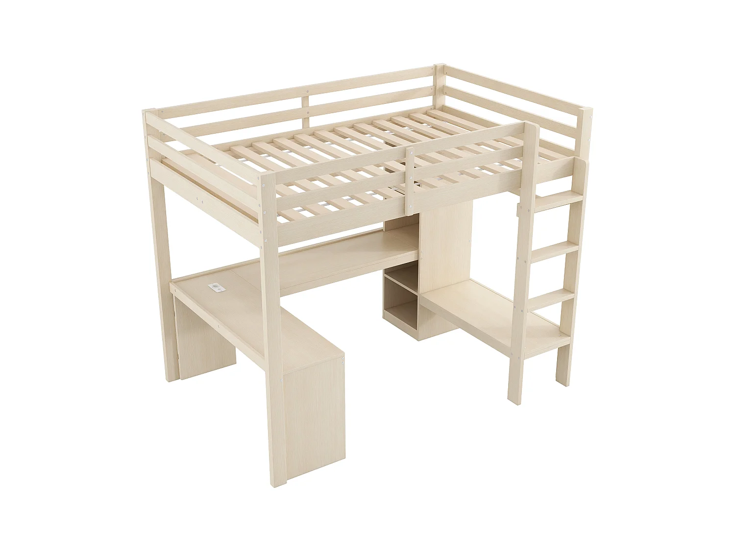 Lit mezzanine pour enfant - 140 x 200 cm - avec étagères + bureau + Leds + USB - bois + MDF - naturel