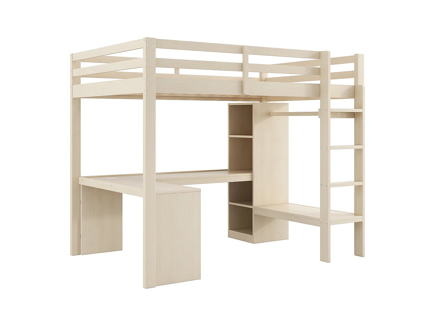 Lit mezzanine pour enfant - 140 x 200 cm - avec étagères + bureau + Leds + USB - bois + MDF - naturel