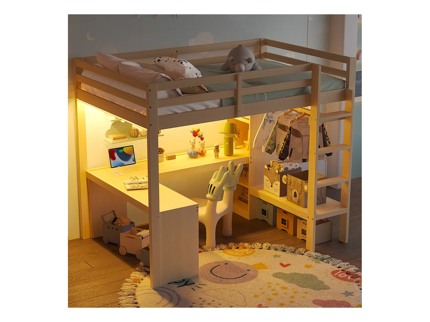 Kinder-Hochbett – 140 x 200 cm – mit Regalen + Schreibtisch + LEDs + USB – Holz + MDF – natur