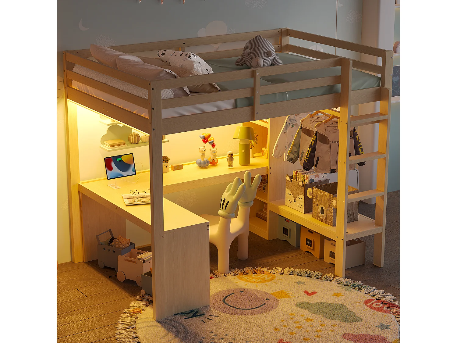 Lit mezzanine pour enfant - 140 x 200 cm - avec étagères + bureau + Leds + USB - bois + MDF - naturel