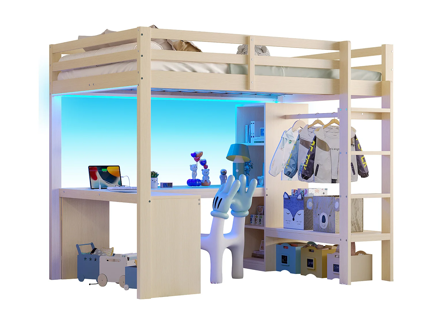 Lit mezzanine pour enfant - 140 x 200 cm - avec étagères + bureau + Leds + USB - bois + MDF - naturel