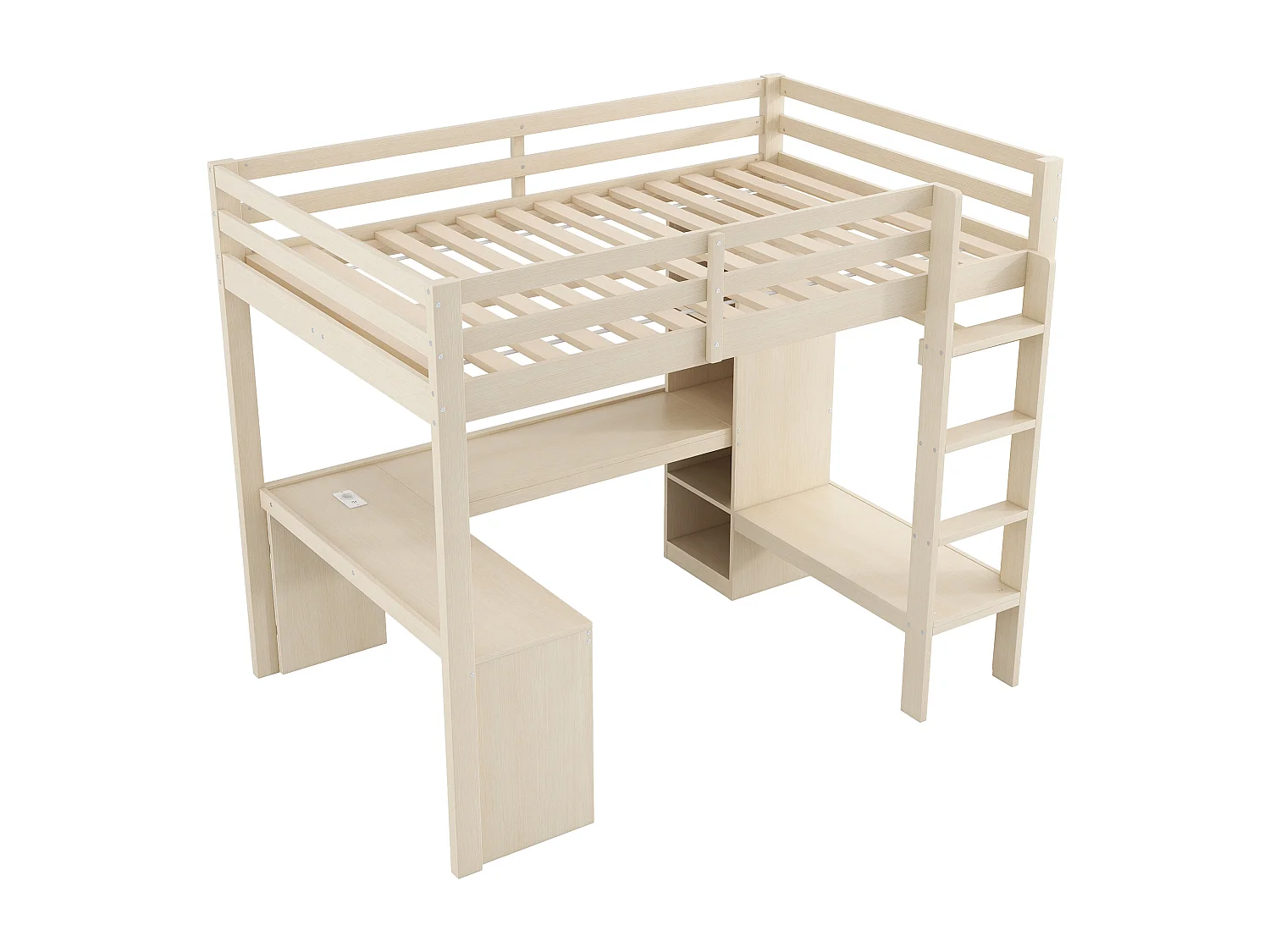 Lit mezzanine pour enfant - 140 x 200 cm - avec étagères + bureau + Leds + USB - bois + MDF - naturel