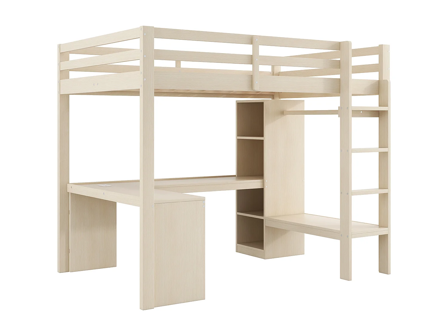 Lit mezzanine pour enfant - 140 x 200 cm - avec étagères + bureau + Leds + USB - bois + MDF - naturel