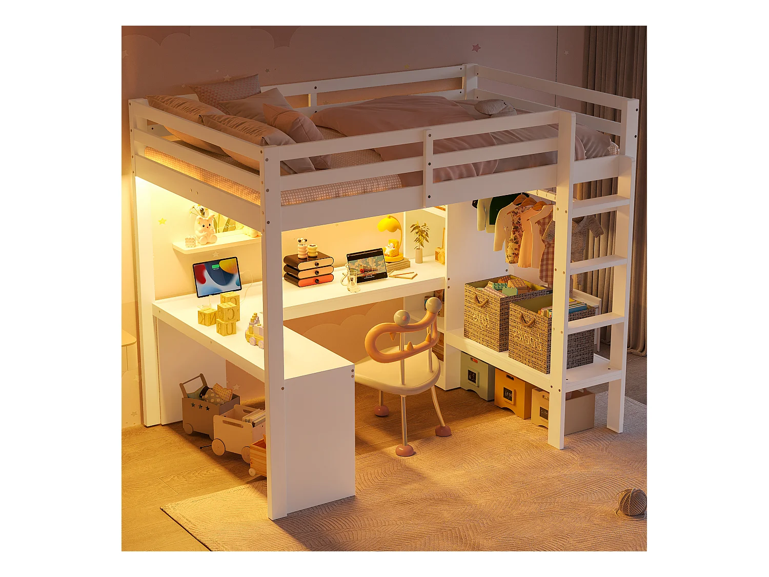 Kinder-Hochbett – 140 x 200 cm – mit Regalen + Schreibtisch + LEDs + USB – Holz + MDF – weiß