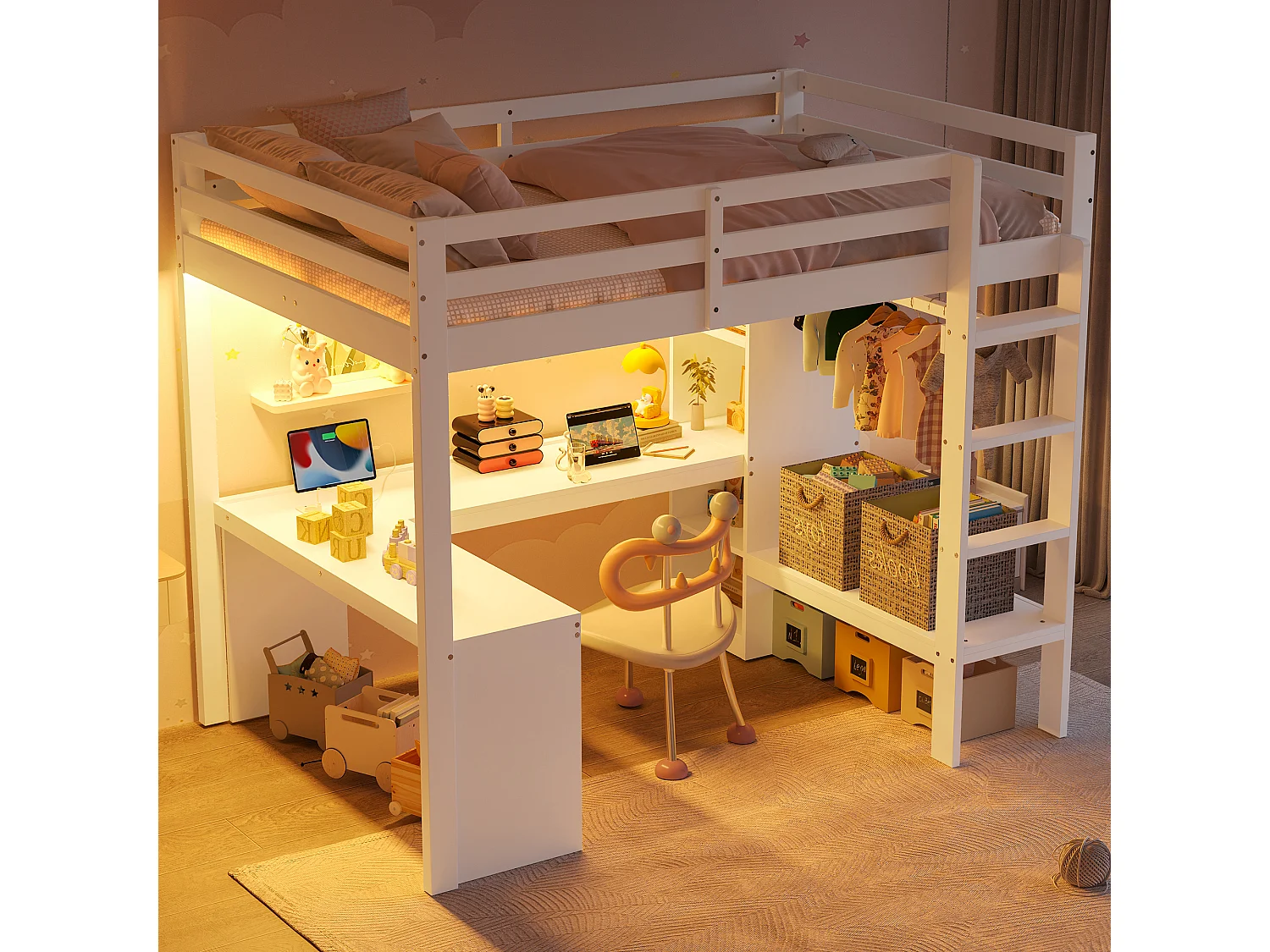 Cama alta infantil - 140 x 200 cm - com prateleiras + escrivaninha + LEDs + USB - madeira + MDF - branco