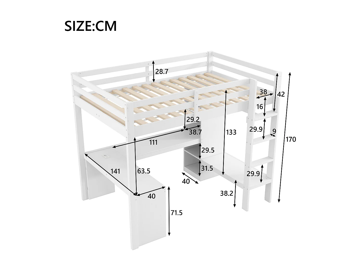 Cama alta infantil - 140 x 200 cm - com prateleiras + escrivaninha + LEDs + USB - madeira + MDF - branco