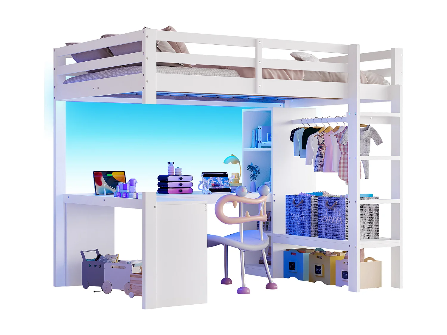 Cama alta infantil - 140 x 200 cm - com prateleiras + escrivaninha + LEDs + USB - madeira + MDF - branco