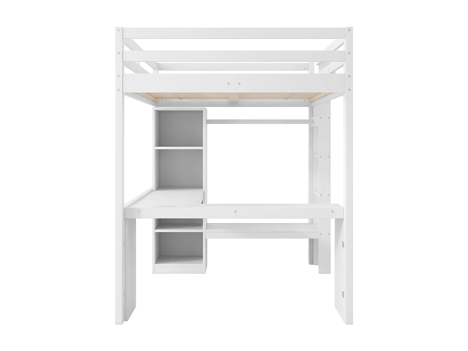 Cama alta infantil - 140 x 200 cm - com prateleiras + escrivaninha + LEDs + USB - madeira + MDF - branco