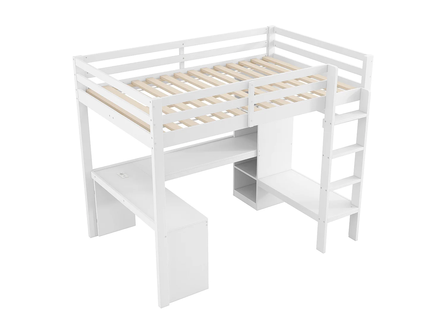 Cama alta infantil - 140 x 200 cm - com prateleiras + escrivaninha + LEDs + USB - madeira + MDF - branco