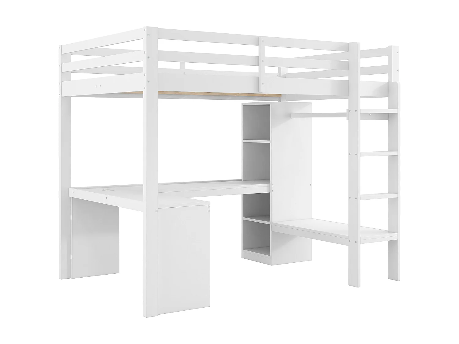 Cama alta infantil - 140 x 200 cm - com prateleiras + escrivaninha + LEDs + USB - madeira + MDF - branco