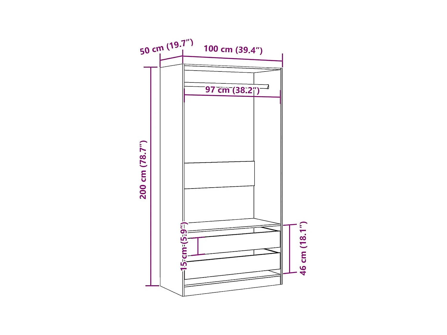 Handgemaakte eikenhouten kledingkast 100x50x200 cm van bewerkt hout