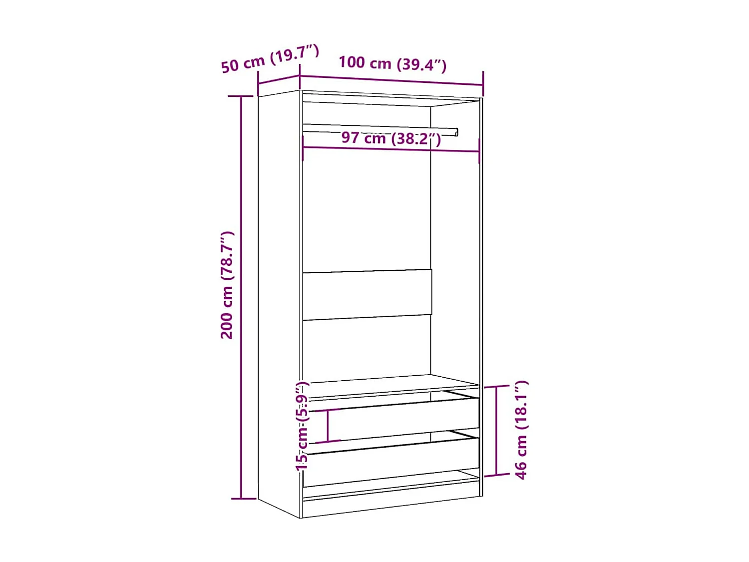 Garde-robe chêne artisanal 100x50x200 cm bois d'ingénierie