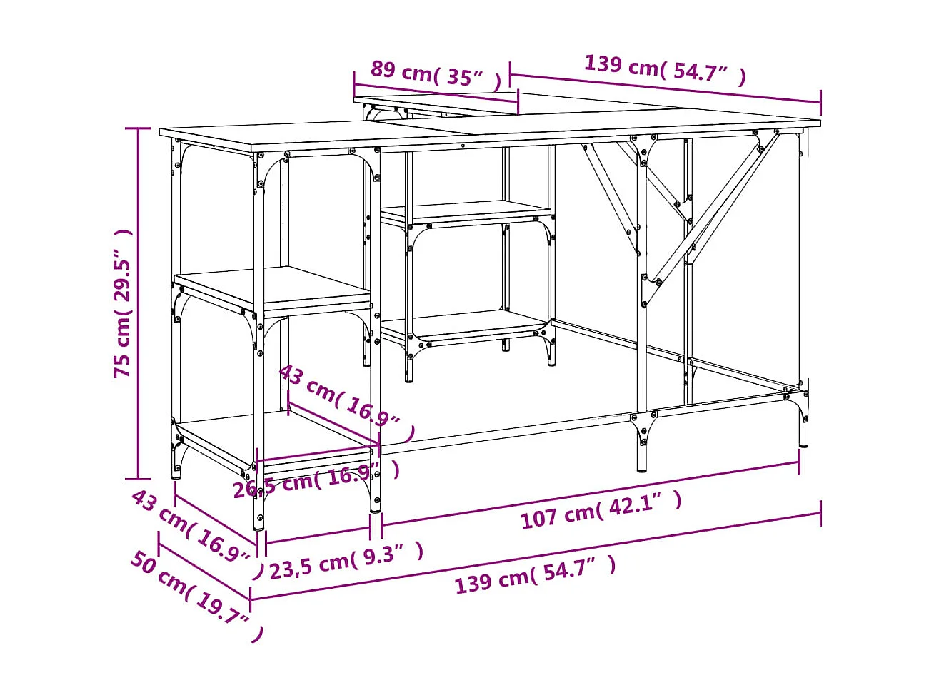Zwart bureau 139x139x75 cm bewerkt hout