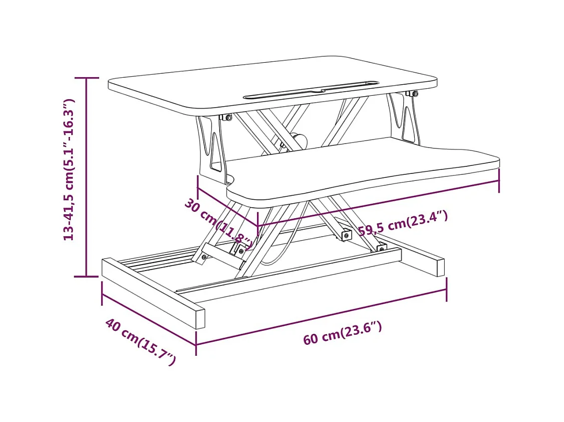 Bureau de travail réglable 60x40x(13-41,5) cm Acier et bois