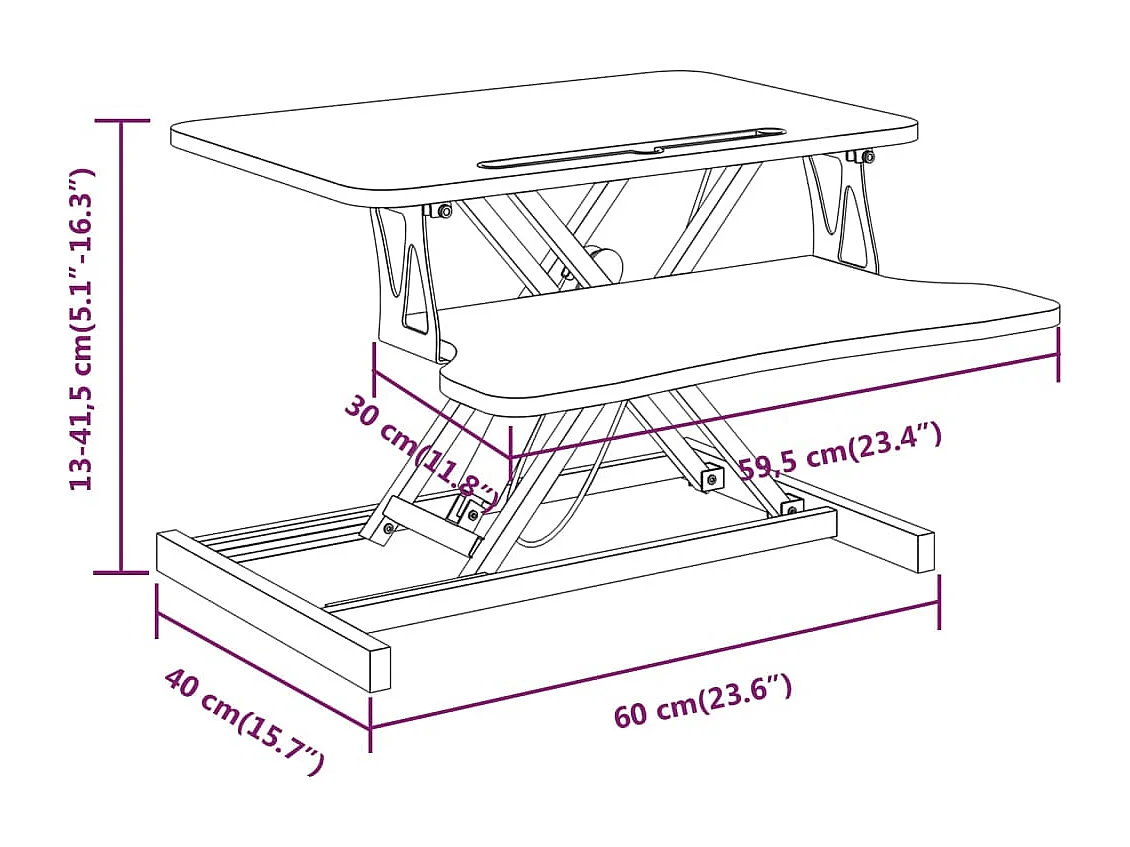 Bureau de travail réglable 60x40x(13-41,5) cm Acier et bois