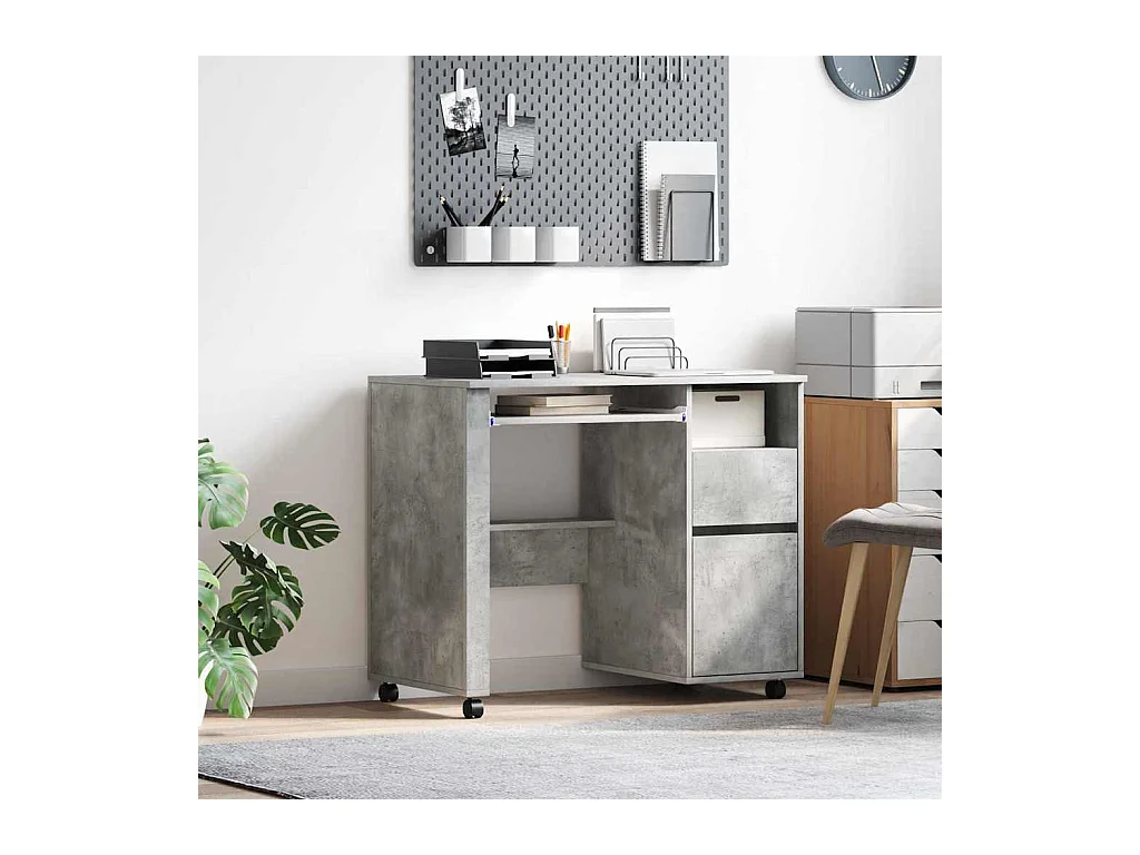 Scrivania con ruote e cassetto, Rovere Cemento, 91 x 50 x 77 cm
