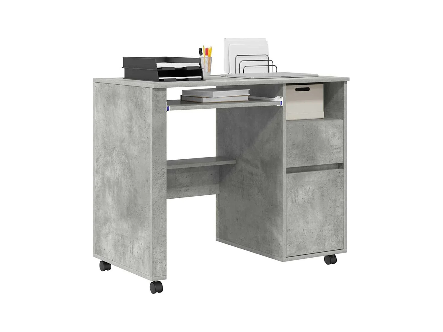 Scrivania con ruote e cassetto, Rovere Cemento, 91 x 50 x 77 cm