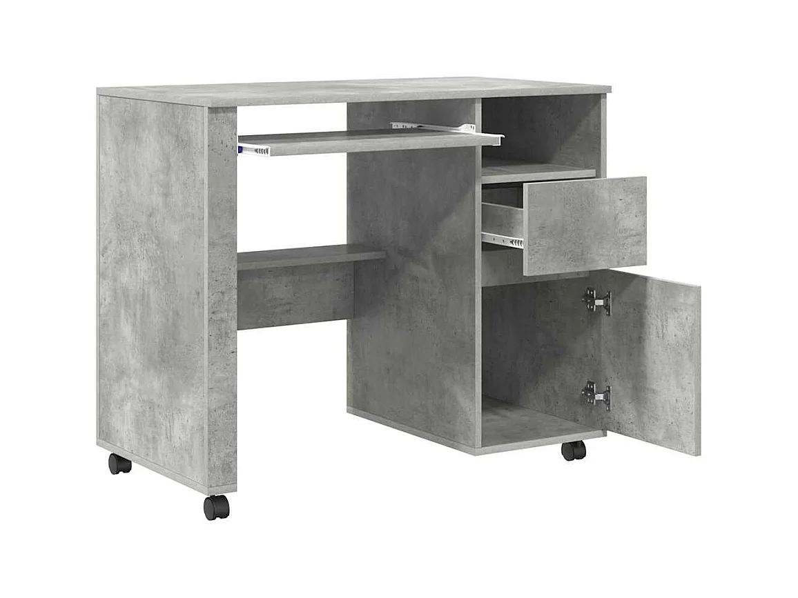 Scrivania con ruote e cassetto, Rovere Cemento, 91 x 50 x 77 cm