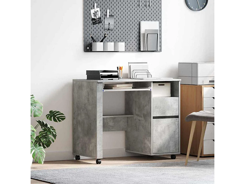Bureau avec roulettes avec tiroir Chêne Béton 91 x 50 x 77 cm