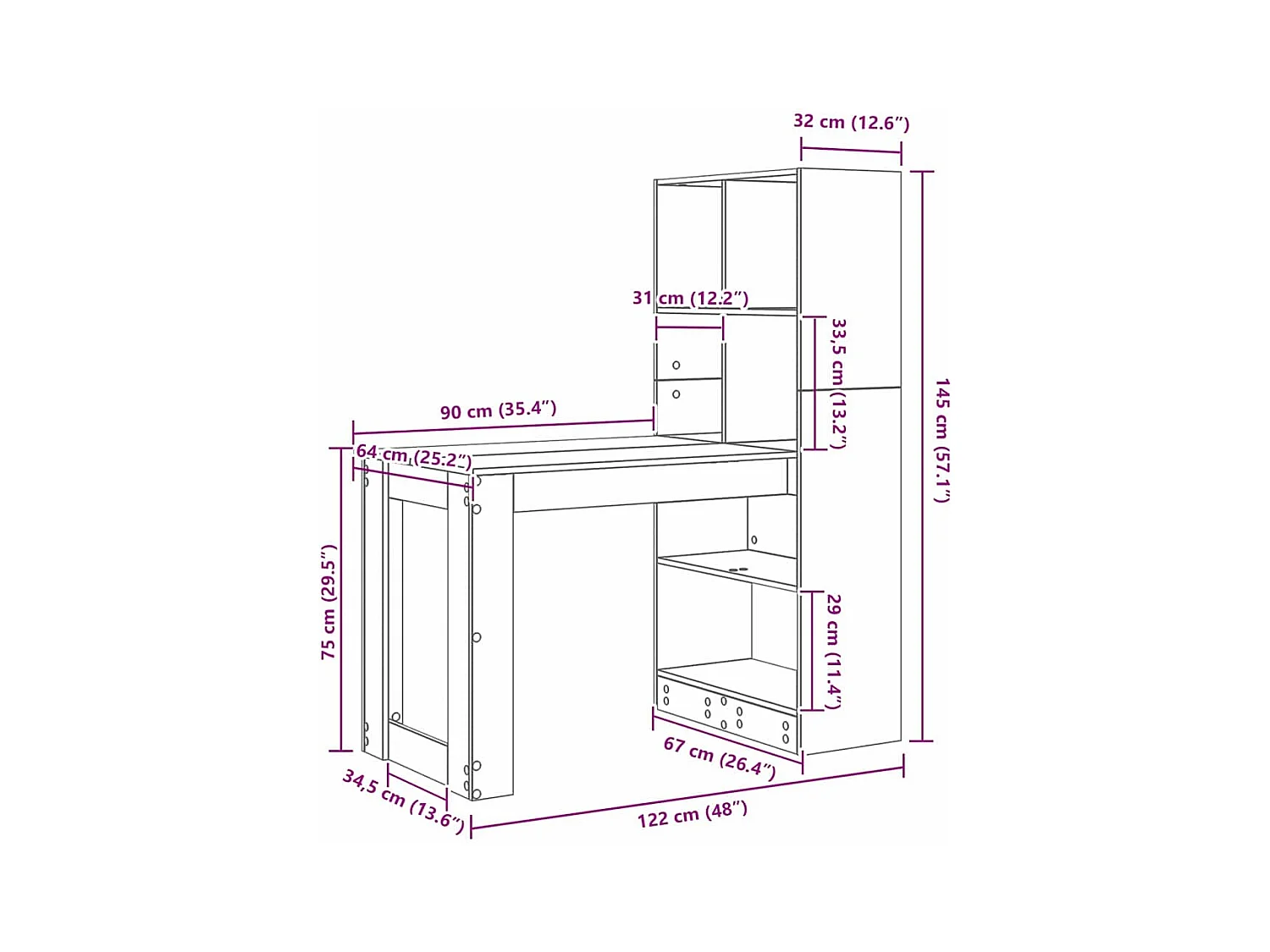 Bureau chêne artisanal 122 x 67 x 145 cm Bois d'ingénierie