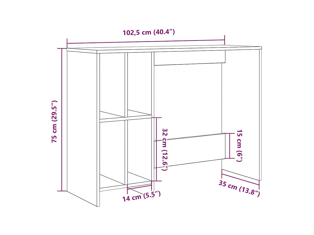 Oud houten bureau 102,5x35x75 cm bewerkt hout