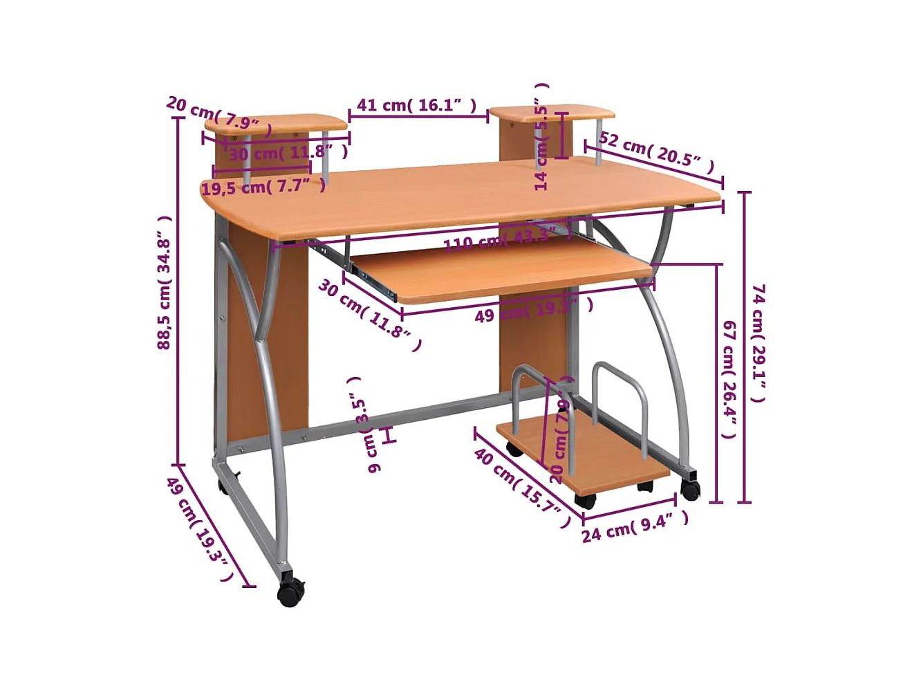 Scrivania per computer marrone 110x52x88,5 cm in legno ingegnerizzato