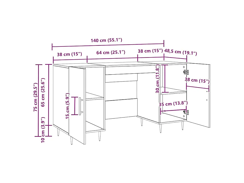 Handgefertigter Schreibtisch aus Eichenholz 140 x 50 x 75 cm Holzwerkstoff
