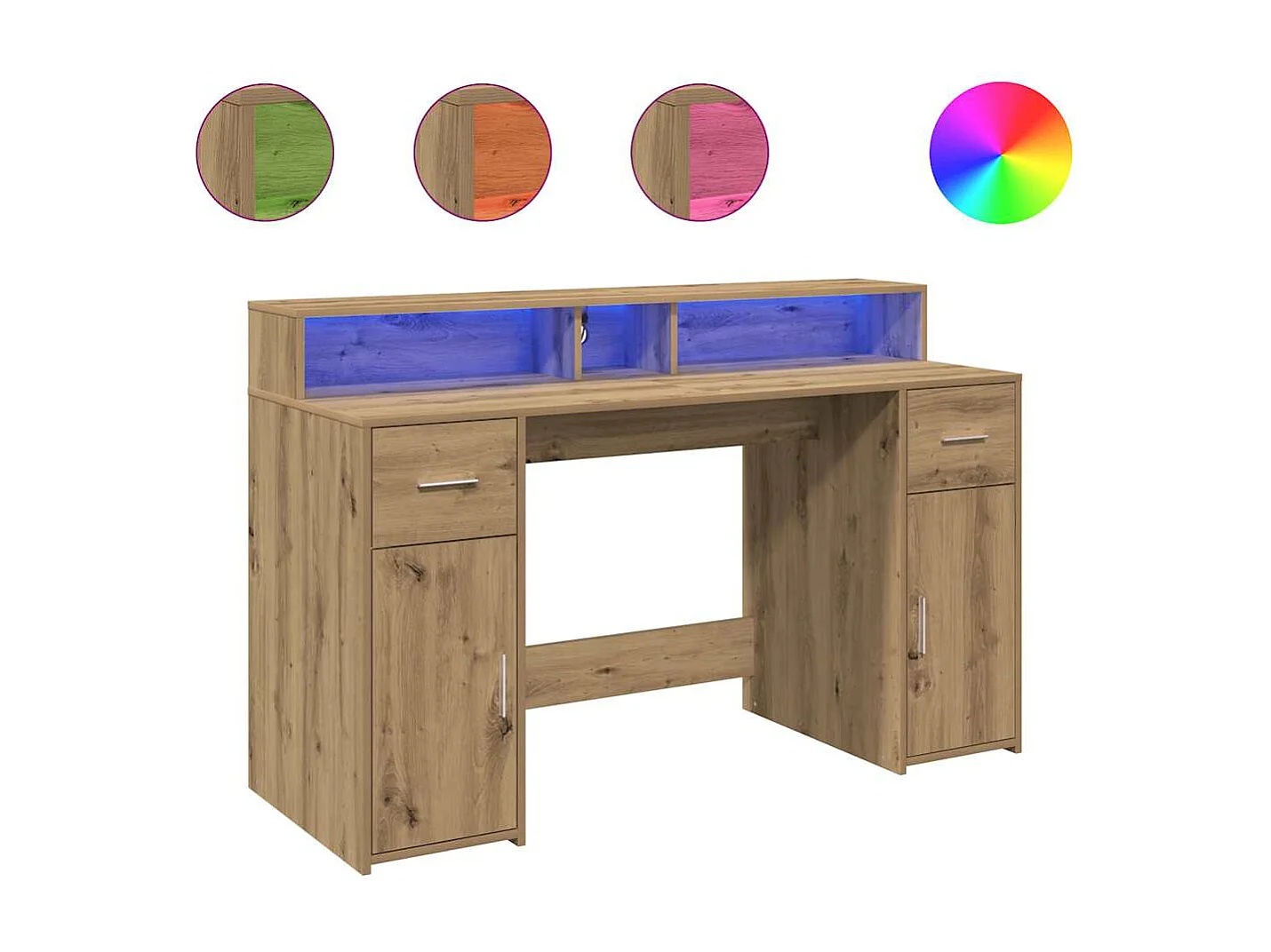 Scrivania con luci a LED realizzata a mano in legno di rovere ingegnerizzato