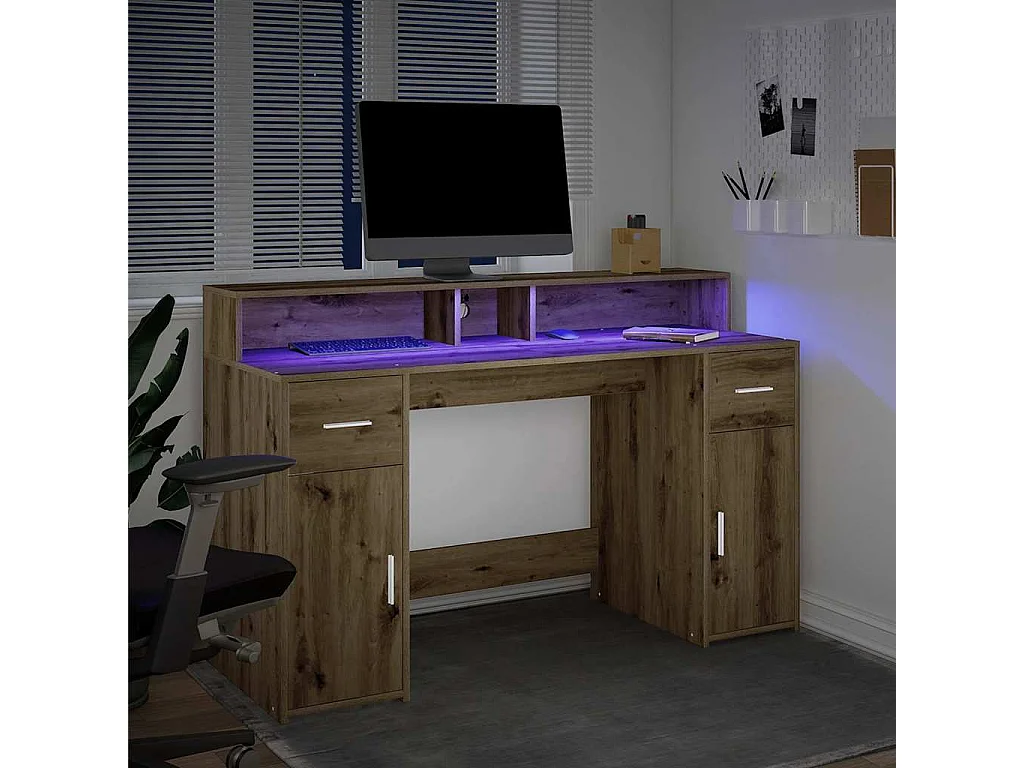 Scrivania con luci a LED realizzata a mano in legno di rovere ingegnerizzato