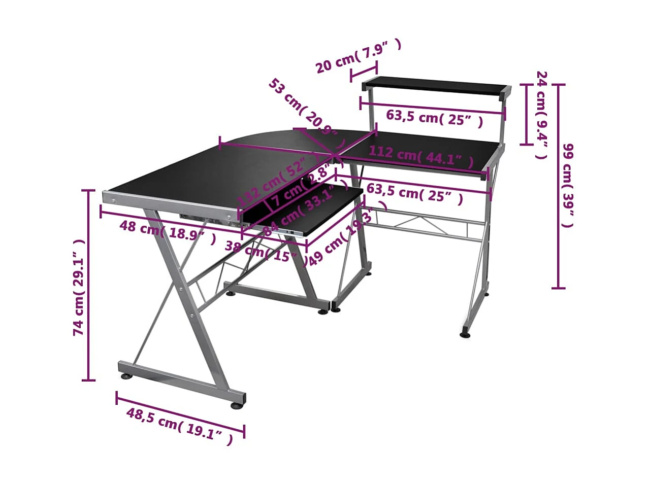 Schwarzer Eck-Computertisch 132 x 112 x 99 cm, Holzwerkstoff