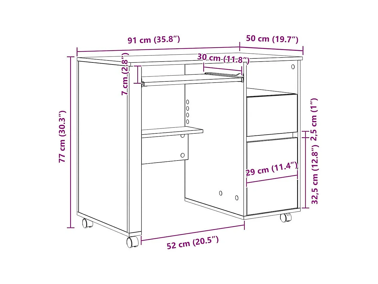 Scrivania con ruote e cassetto Rovere nero 91 x 50 x 77 cm