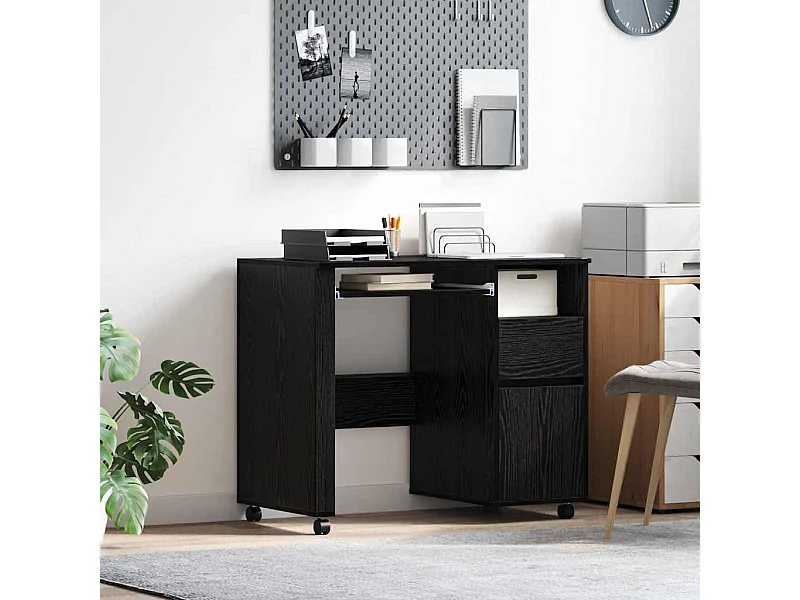 Scrivania con ruote e cassetto Rovere nero 91 x 50 x 77 cm