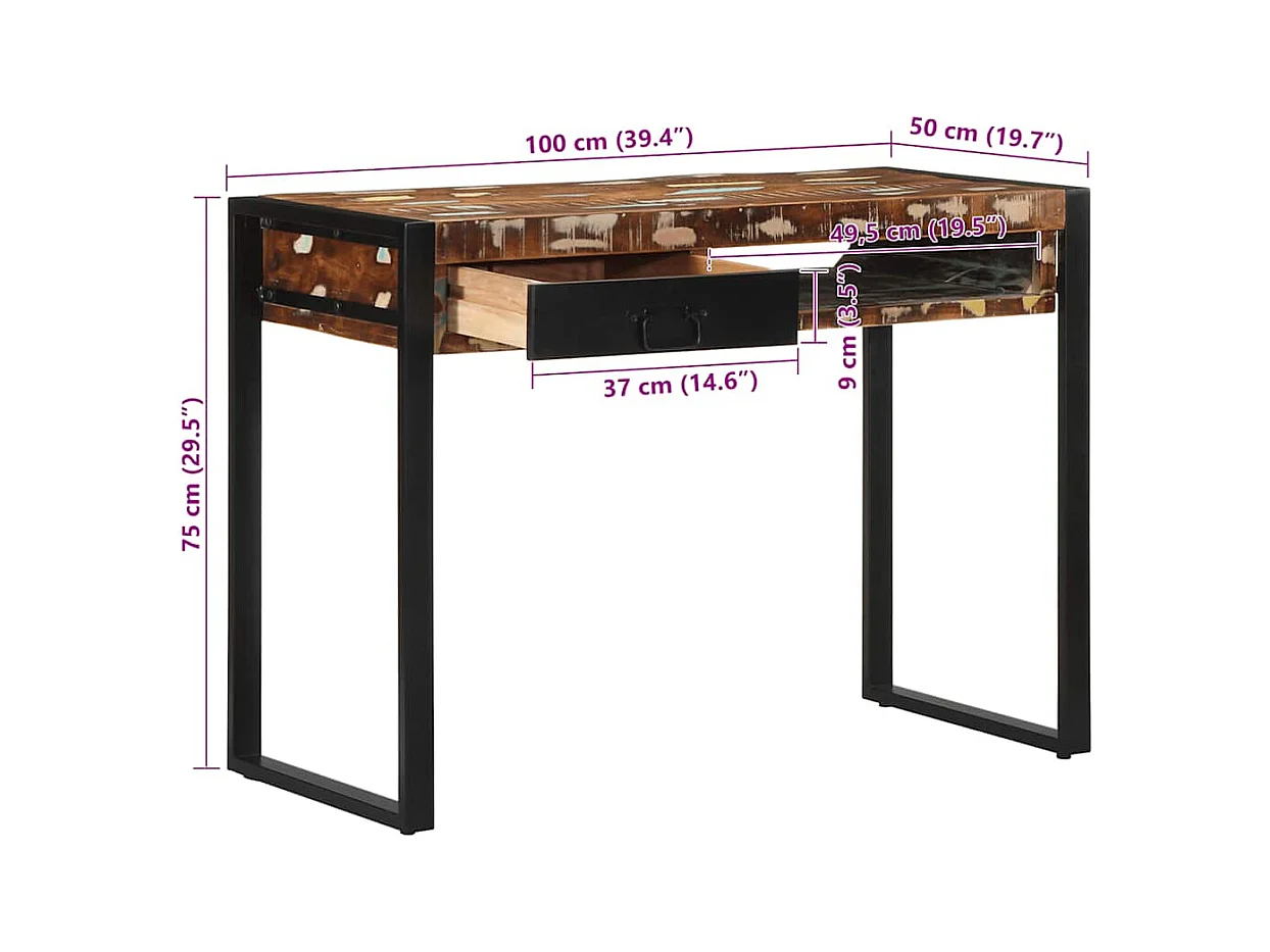 Bureau multicolore 100x50x75 cm bois massif de récupération