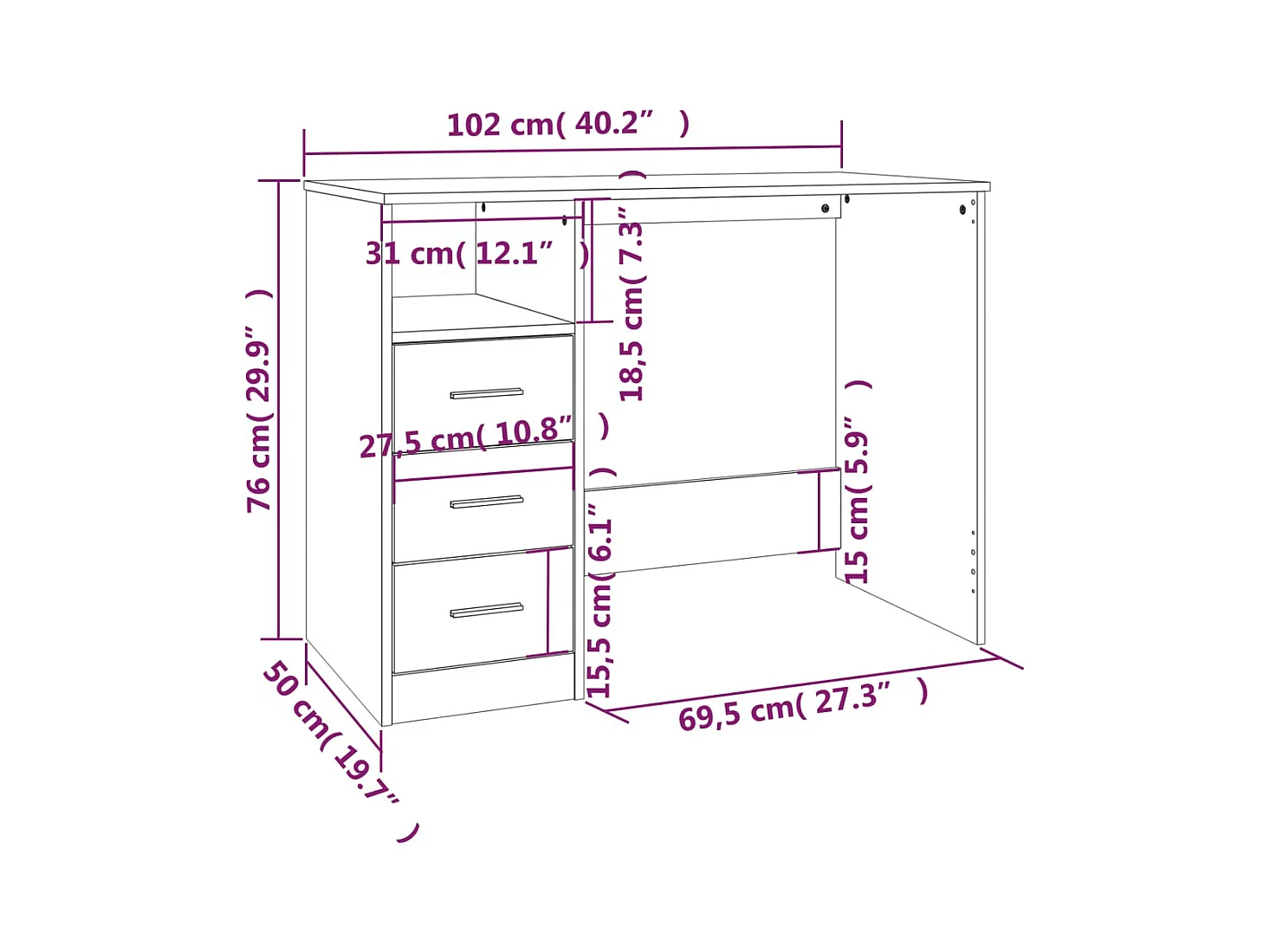 Escritorio con cajones Negro 102x50x76 cm Madera de ingeniería