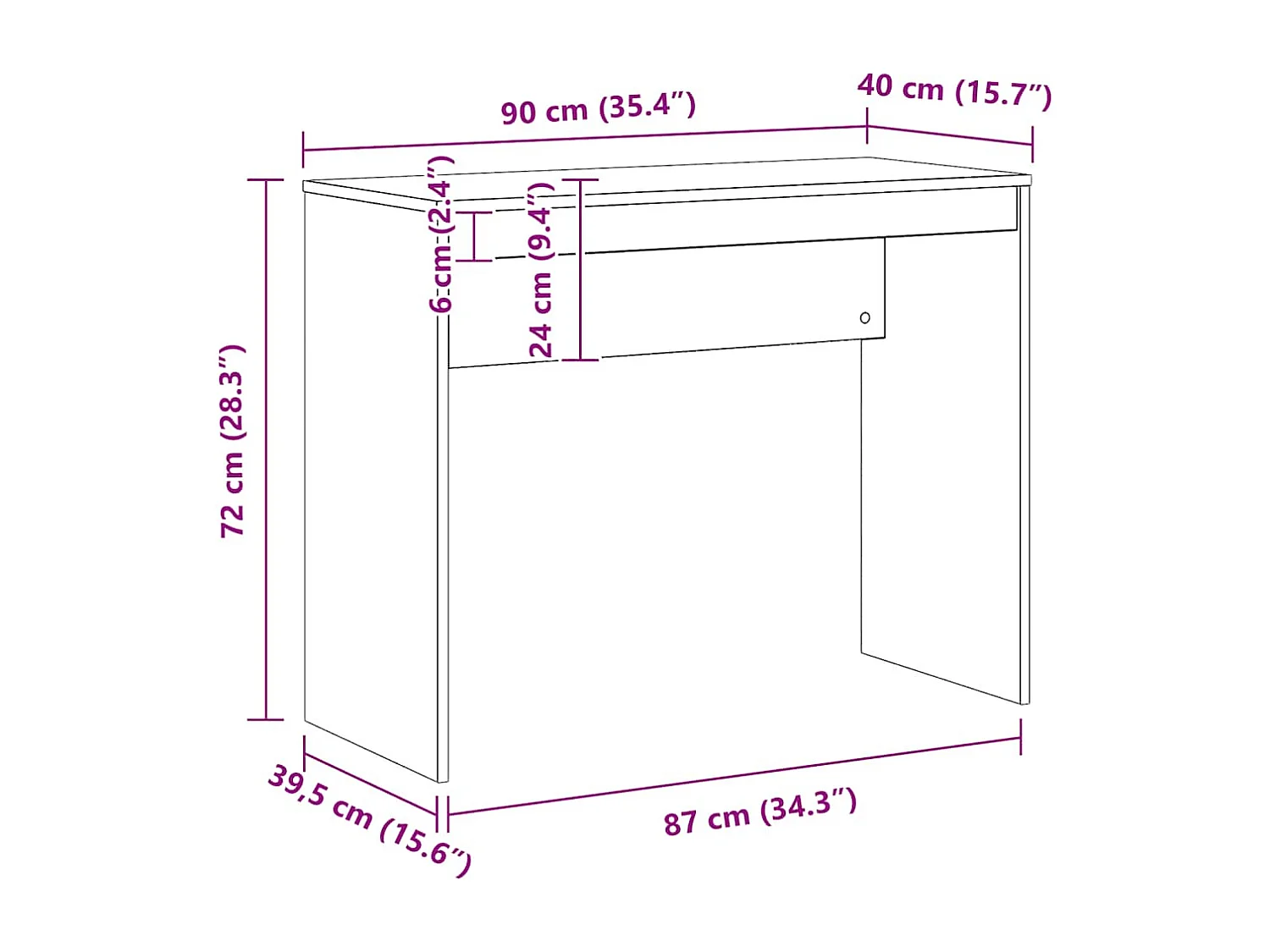 Bureau chêne artisanal 90x40x72 cm bois d'ingénierie