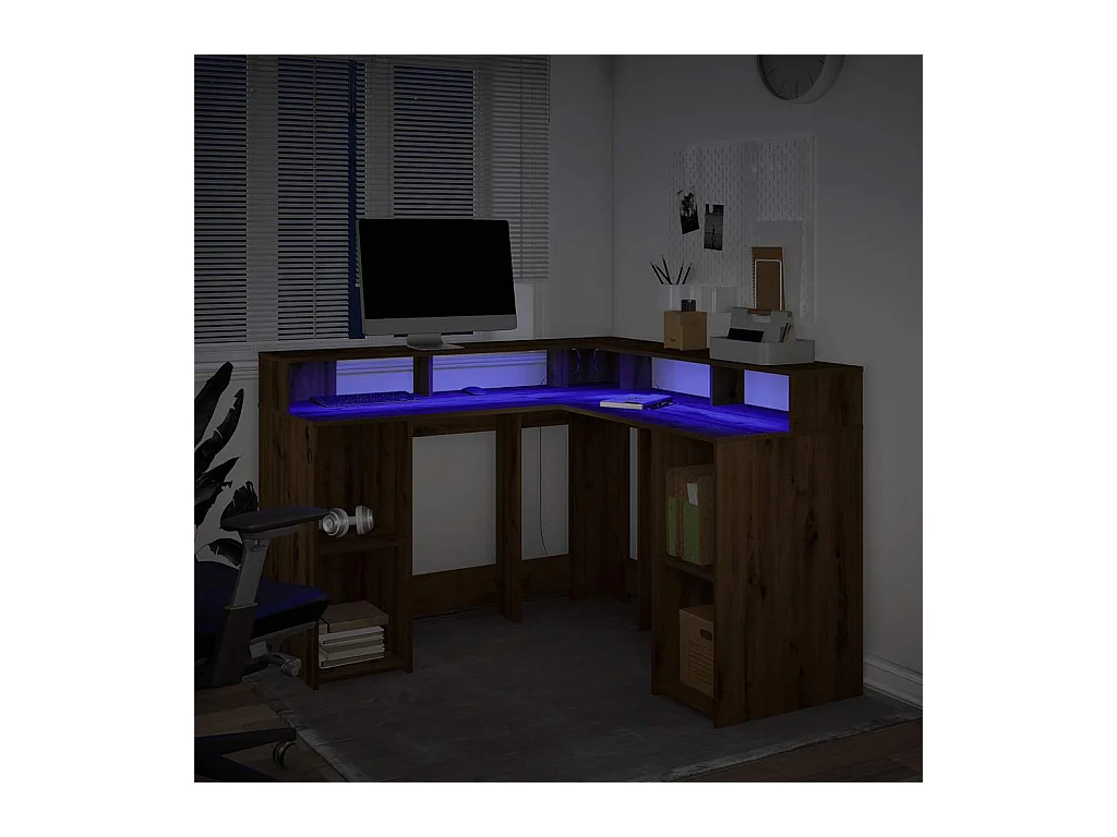 Escritorio con luces LED fabricado artesanalmente en madera de roble.