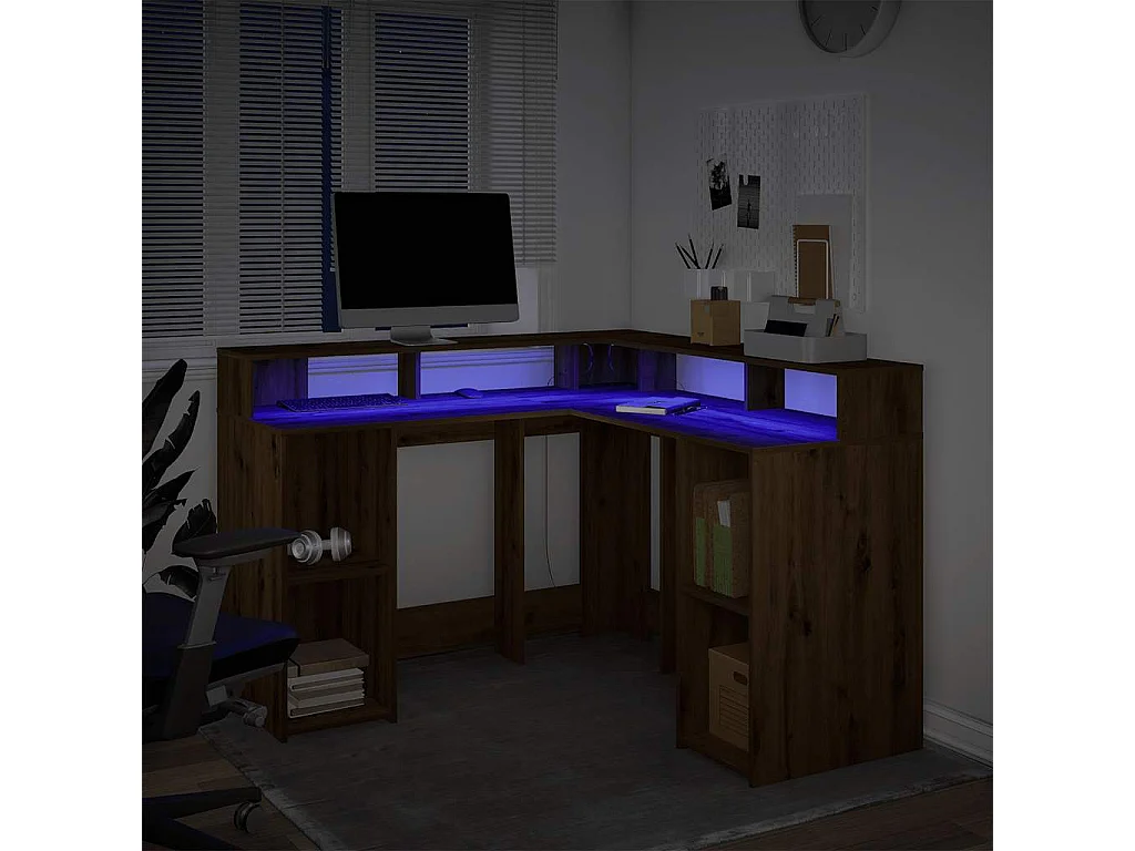 Scrivania con luci a LED realizzata a mano in legno di rovere ingegnerizzato