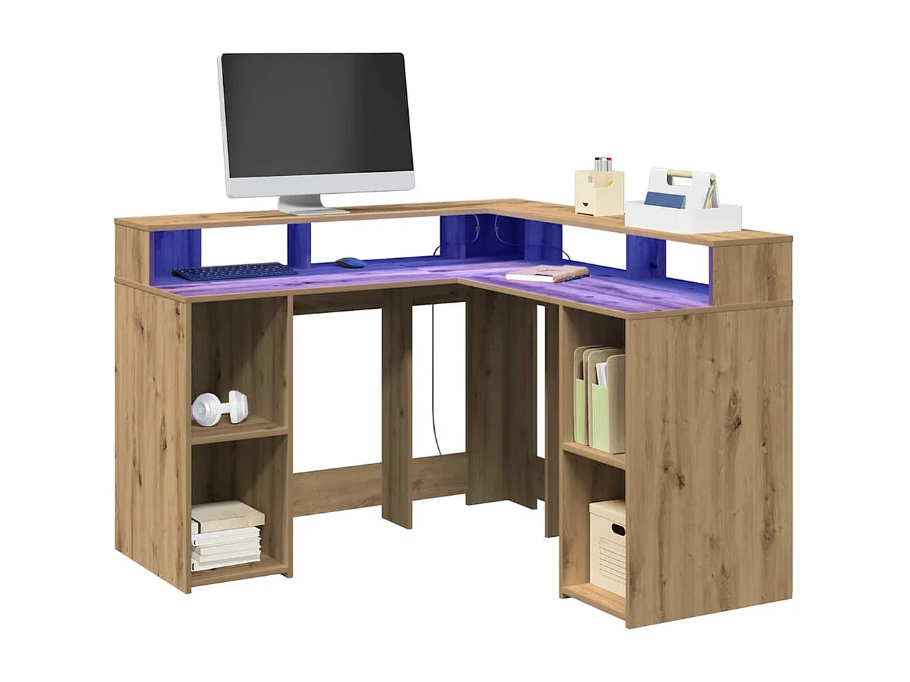 Scrivania con luci a LED realizzata a mano in legno di rovere ingegnerizzato